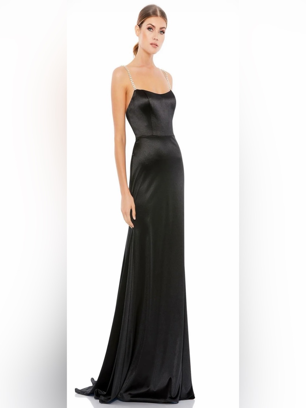 IEENA FOR MAC DUGGAL Black Charmeuse Trumpet Slip Gown with Crystal Straps NWTs!